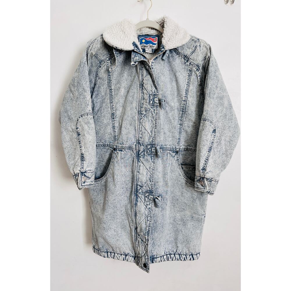 Vintage 80s Flying Colors Acid Wash Denim Sherpa Lined Hooded Toggle Coat S
